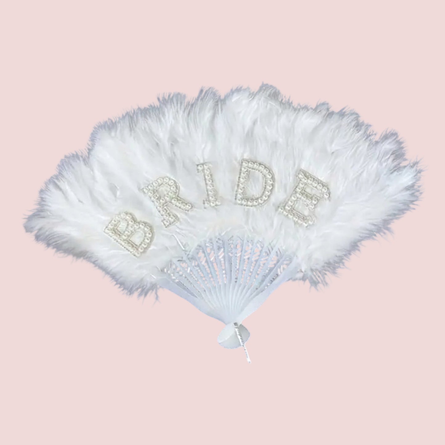 White feather fan with 'Bride' text on a white background
