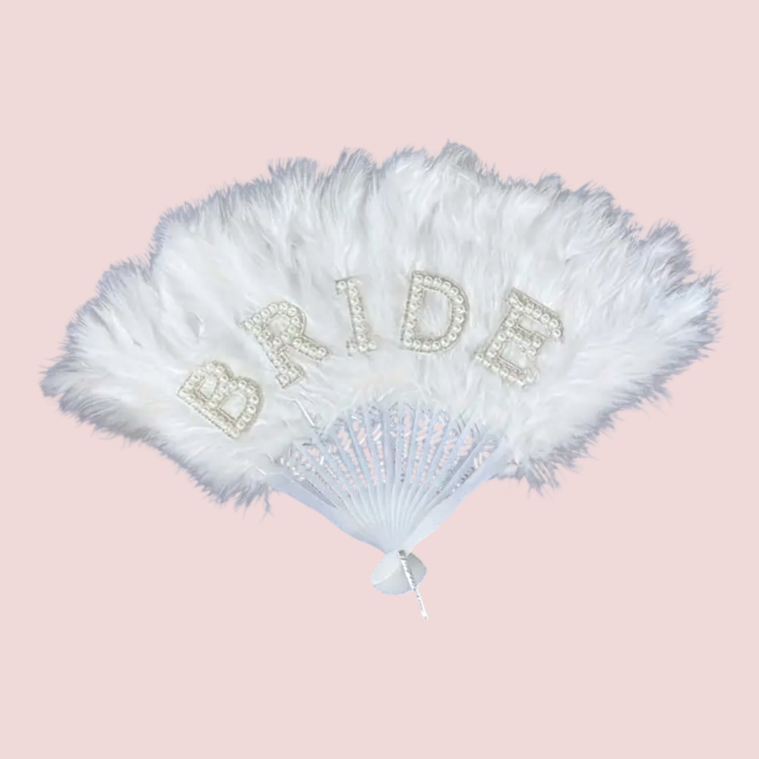 White feather fan with 'Bride' text on a white background
